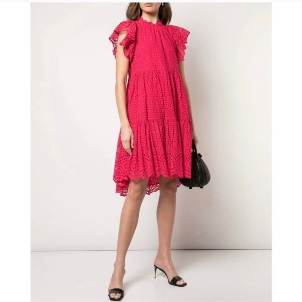 Ulla Johnson Norah Eyelet Fuschia Ruffle Sleeve‎ Midi Dress Size 4 Small Scallop